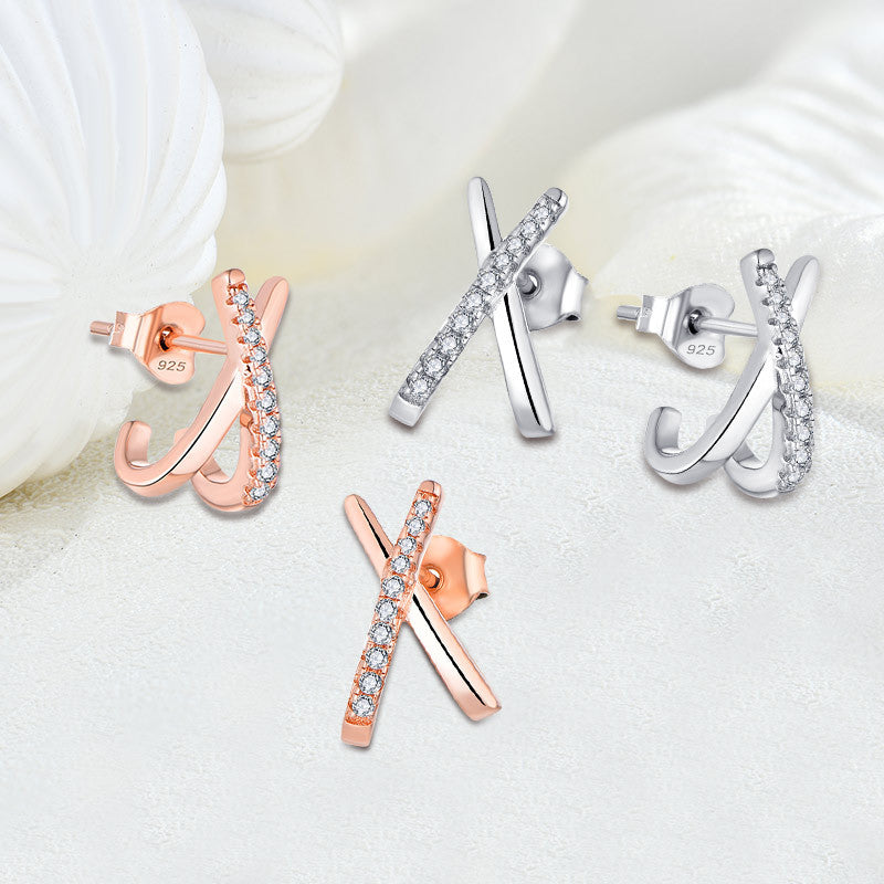 Europe And The United States Geometric Cross X Zirconia Earrings S925 Silver Plated Rose Gold Earrings European And American Creative Earrings Female