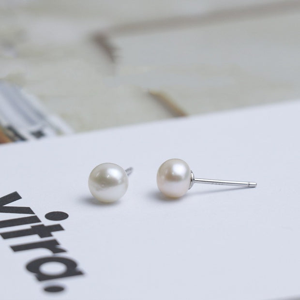 Natural Freshwater Pearl Ear Studs White Copper Silver Plated