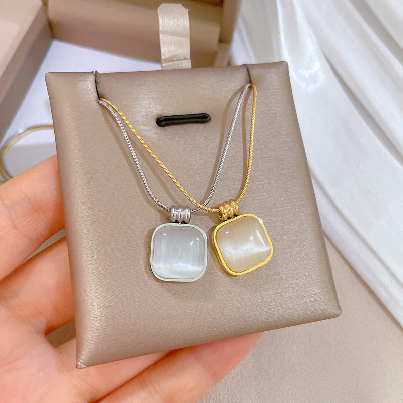 Square Opal Minimalist Furnace Real Gold Necklace