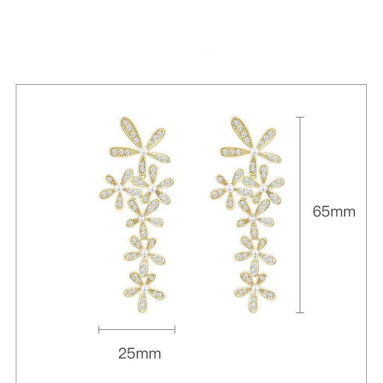 Spliced Zircon Flower Pearl Earrings