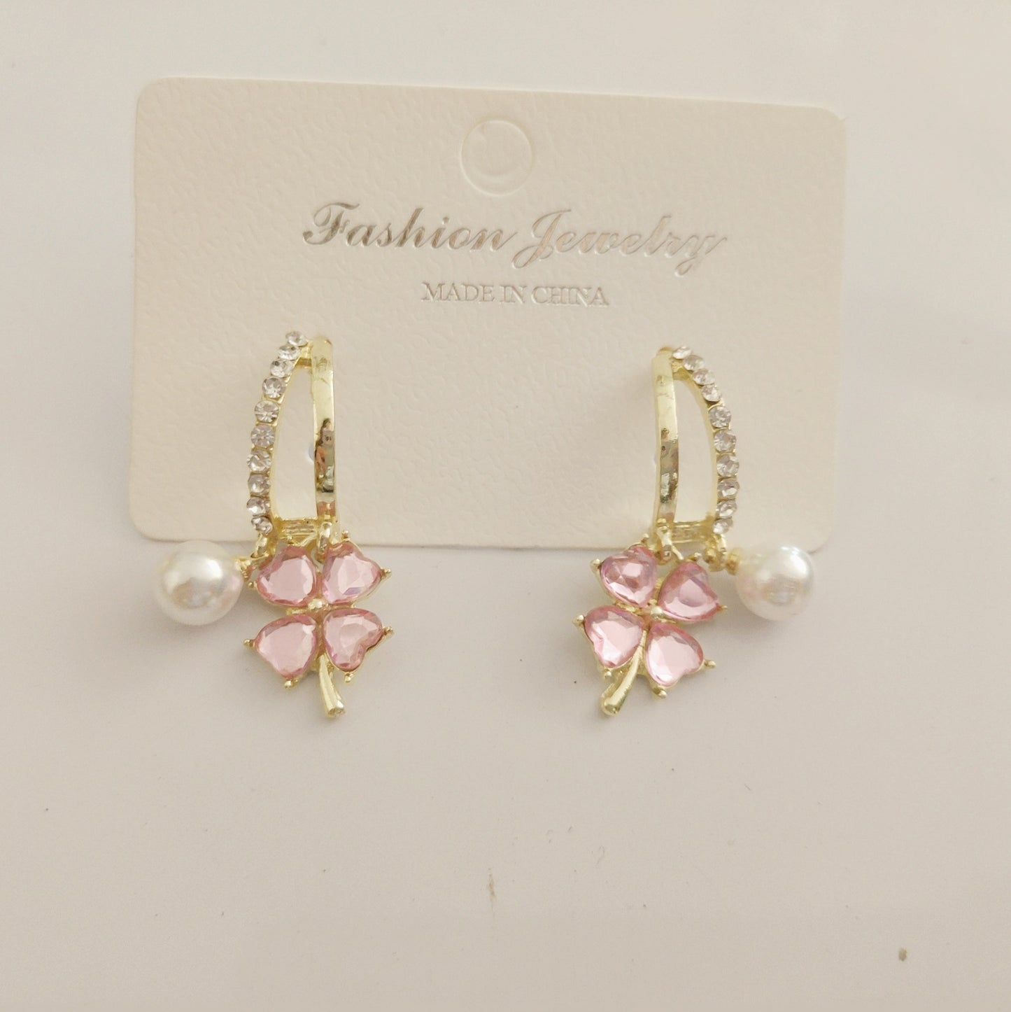 Purple Crystal Four-leaf Flower Pearl Earrings For Women