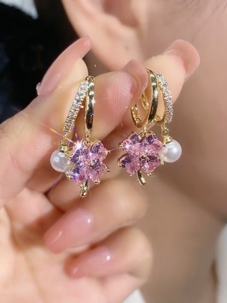 Purple Crystal Four-leaf Flower Pearl Earrings For Women