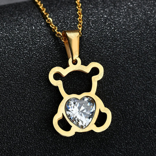 Women's Cute Simple Hollow-out Big Loving Heart Zircon Bear Necklace