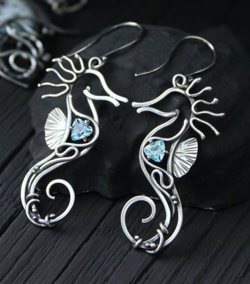 Women's Fashion Vintage Ocean Blue Gemstone Hollow Seahorse Earrings